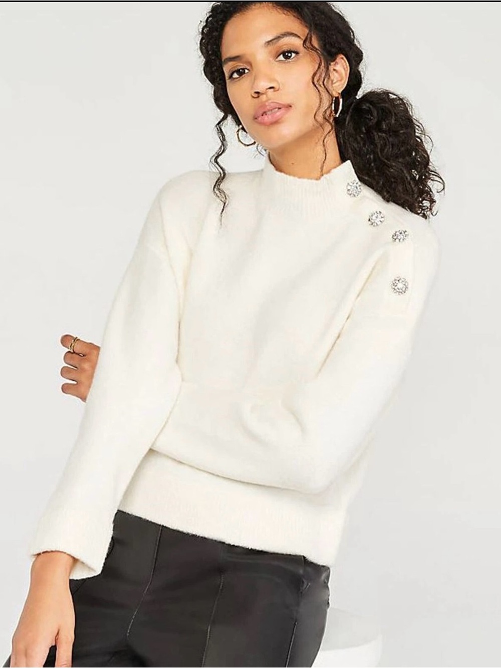 Ann Taylor Cream Mock Neck Sweater with Decorative Shoulder Buttons